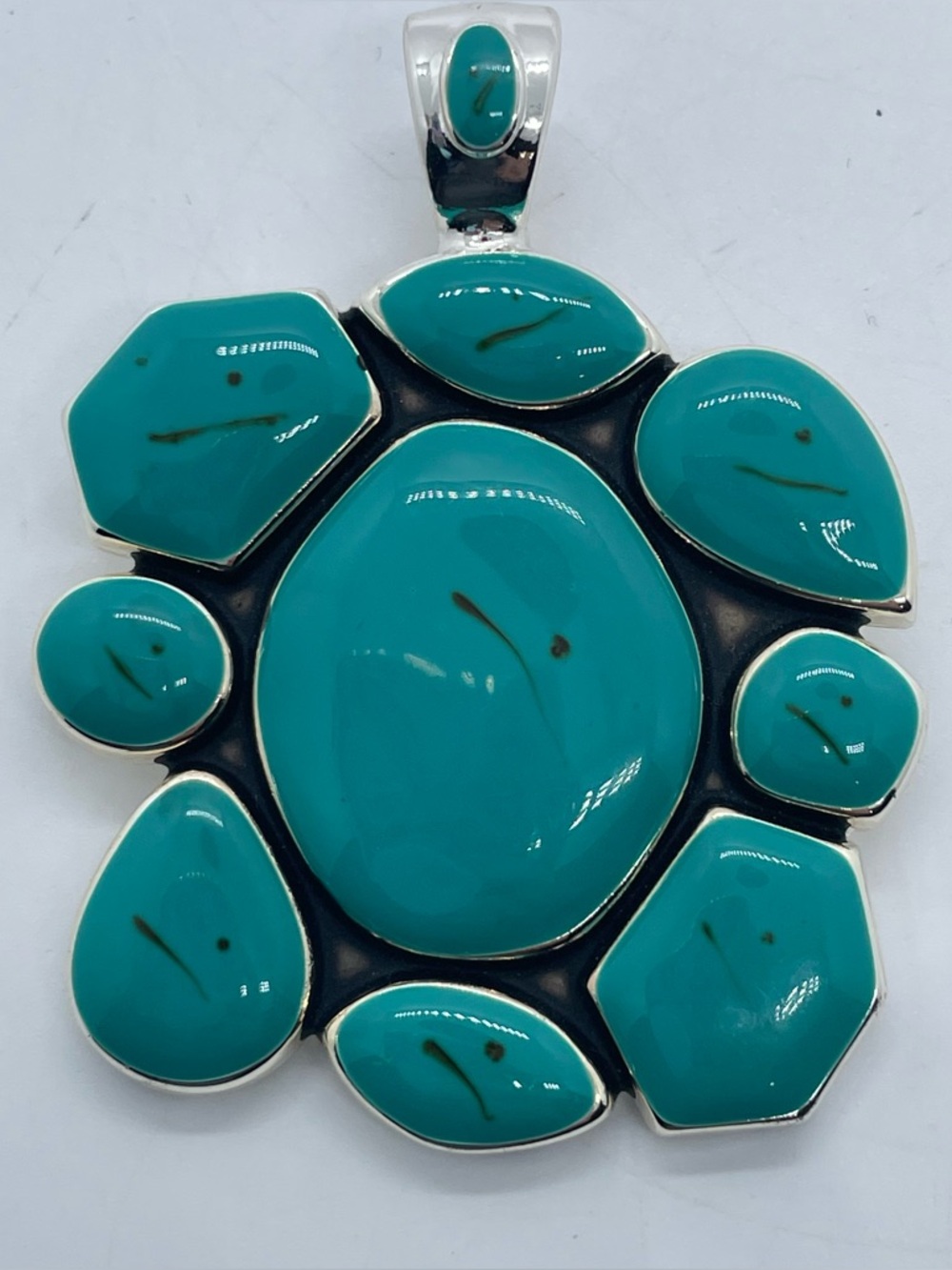 BEST Signed Faux Turquoise Cluster Pendant Southwestern Style Silver Tone